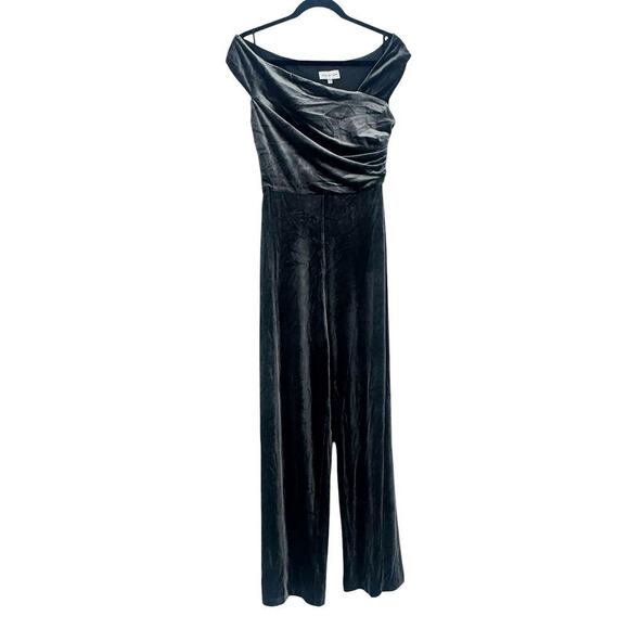 Halston Off the Shoulder Wren Steel Velvet Jumpsuit Ruched Wide Leg Size 4 NWOT - Picture 8 of 13